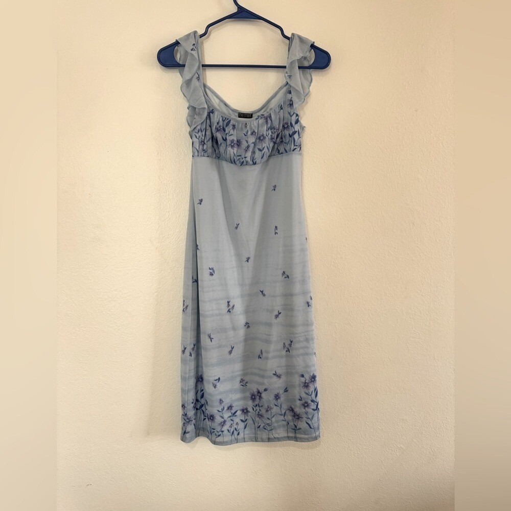 Ecru Studio Blue Floral Mesh Empire‎ Waist Ruffle Midi Dress FDS2102P L (774)